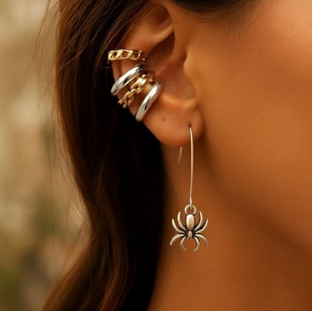Hypoallergenic Antique Silver Tone Elongated Wire Spider Earrings